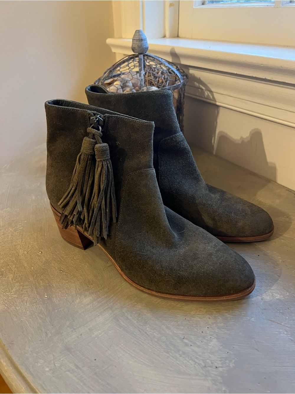 Anthropologie Olive Suede Tassel Ankle Boots